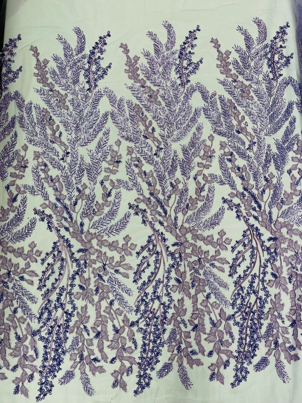 Floral Leaf Bead Sequins Fabric - Lavender - Leaf Nature Beaded Sequins Lace Fabric by the yard