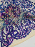 Heart Damask Sequins - Lavender - 4 Way Stretch Sequins Fabric By Yard