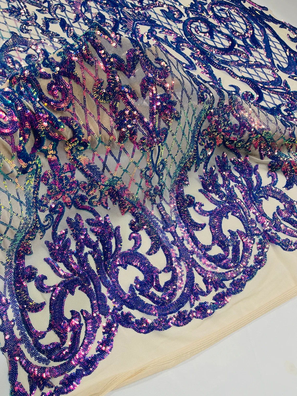 Heart Damask Sequins - Lavender - 4 Way Stretch Sequins Fabric By Yard