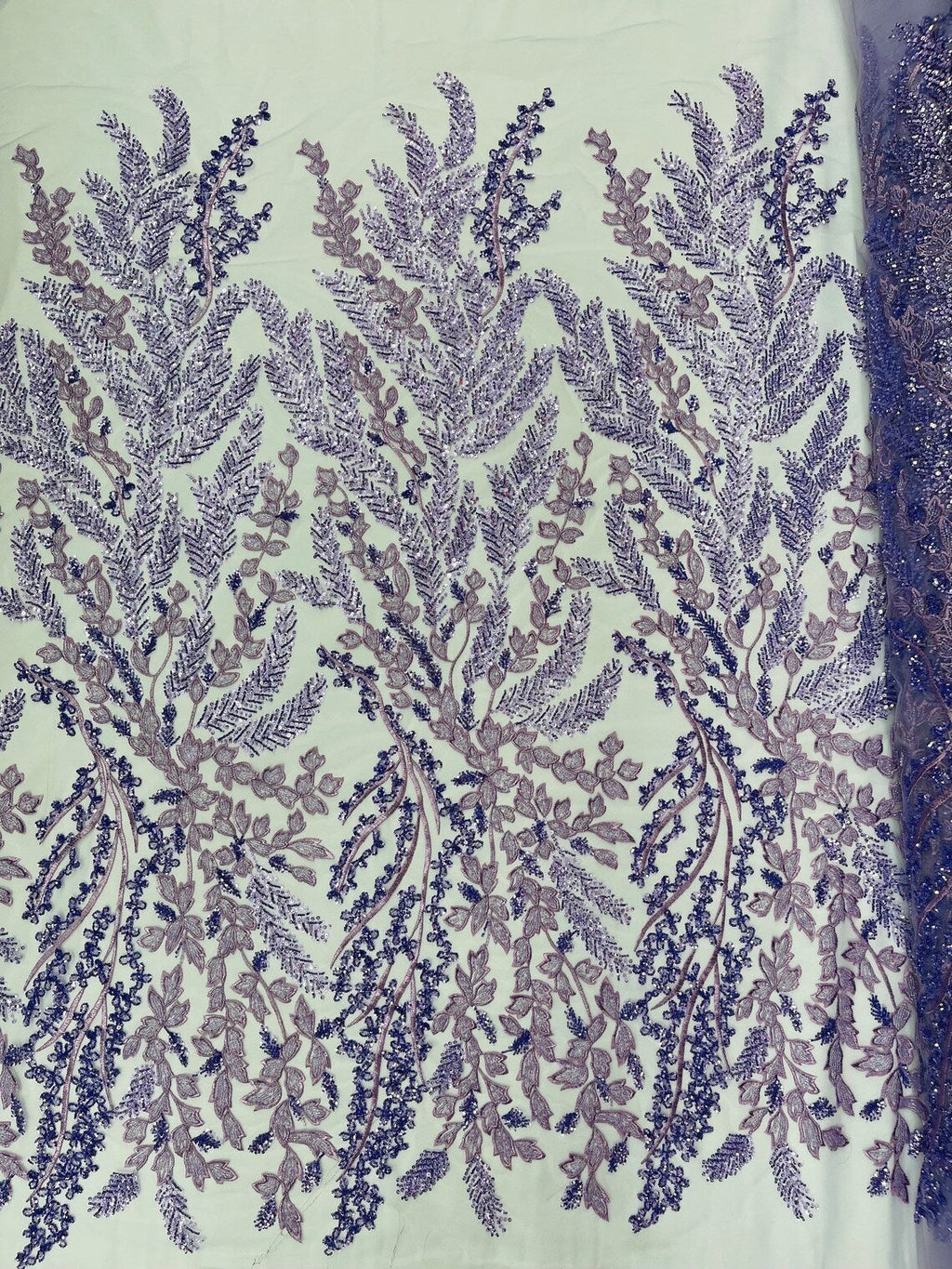 Floral Leaf Bead Sequins Fabric - Lavender - Leaf Nature Beaded Sequins Lace Fabric by the yard