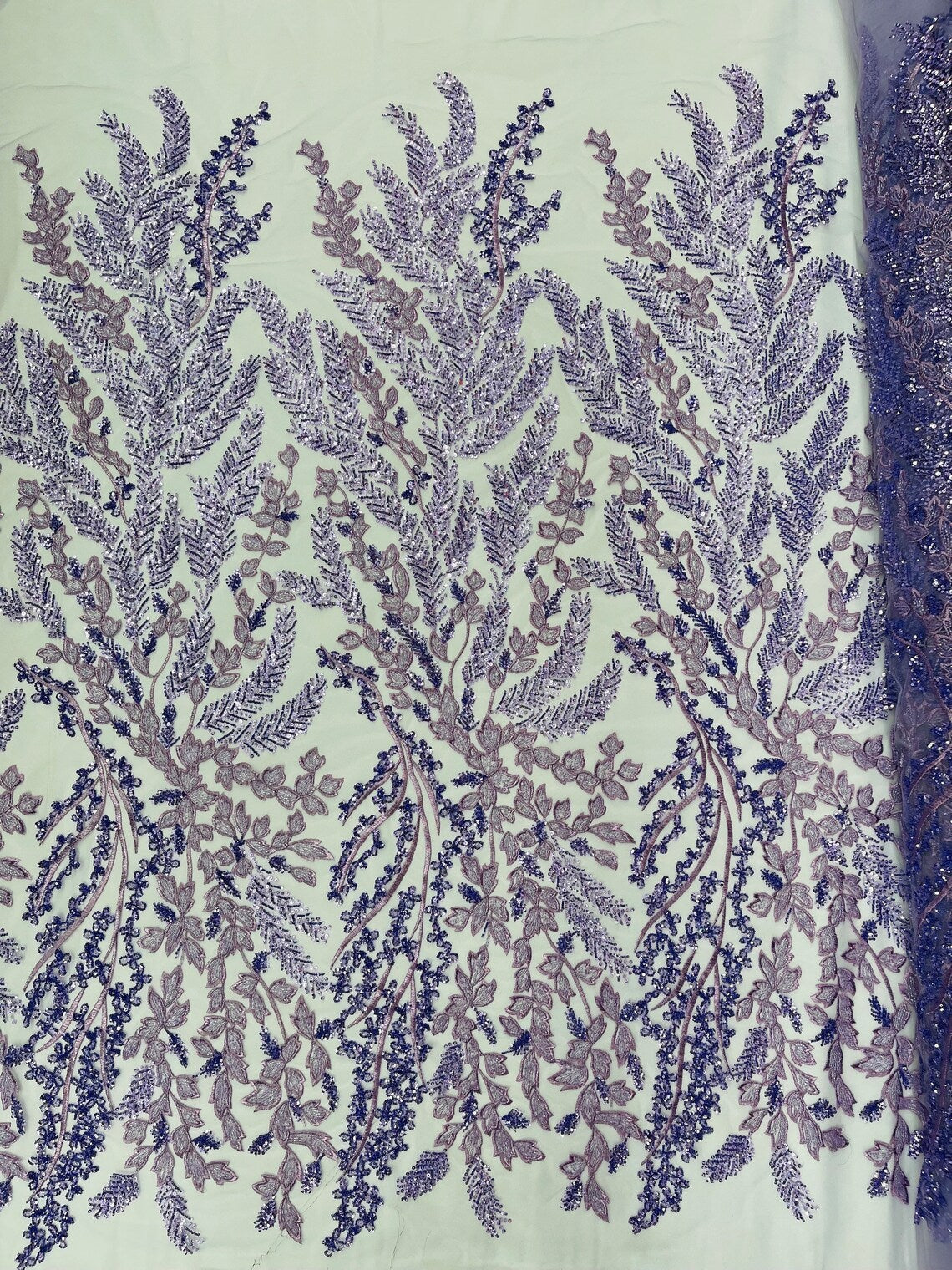 Floral Leaf Bead Sequins Fabric - Lavender - Leaf Nature Beaded Sequins Lace Fabric by the yard