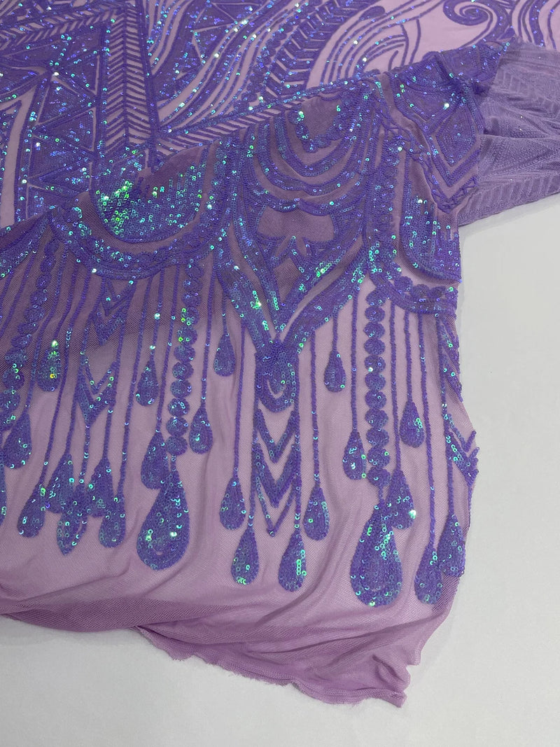 Zig Zag Design Sequins - Lavender - 4 Way Stretch Embroidered Zig Zag Sequins Lace Fabric By The Yard