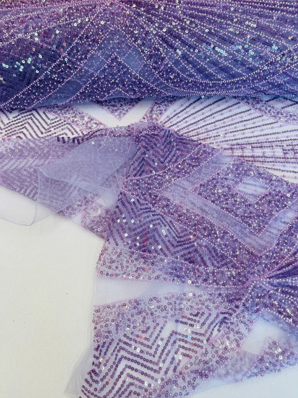 Beaded Diamond Design Fabric - Lavender - Beaded Embroidered Diamond Zig Zag Design on Mesh By Yard