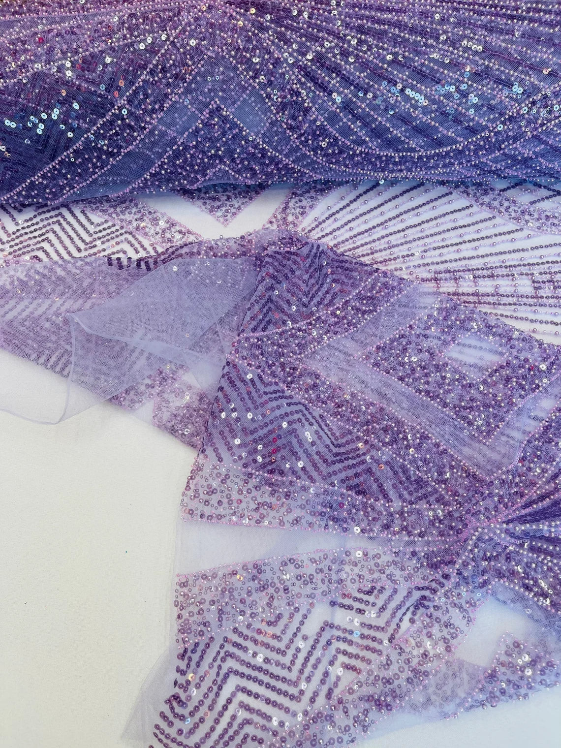 Beaded Diamond Design Fabric - Lavender - Beaded Embroidered Diamond Zig Zag Design on Mesh By Yard