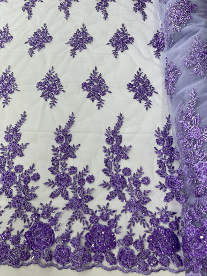 Beaded Rose Flower Fabric - Lavender - Embroidered Beaded Long Border Floral Fabric By Yard