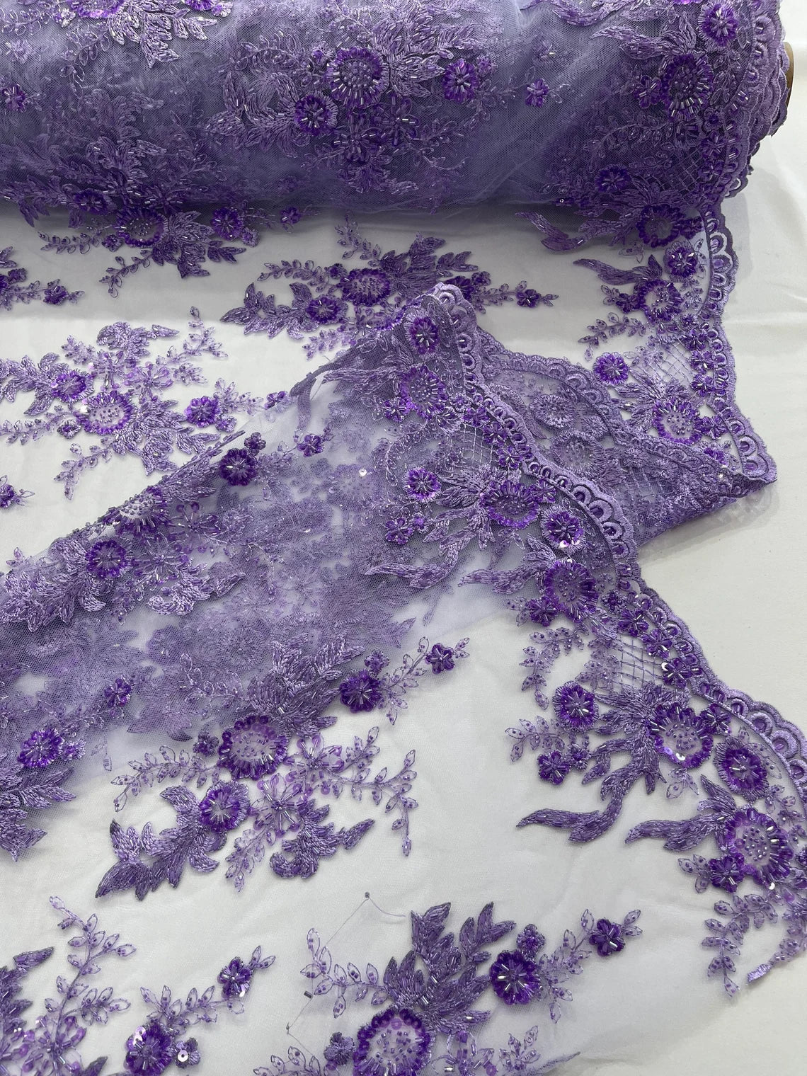 Beaded Flower Sequins Fabric - Lavender - Embroidered Beaded Floral Clusters Sequins Fabric By Yard