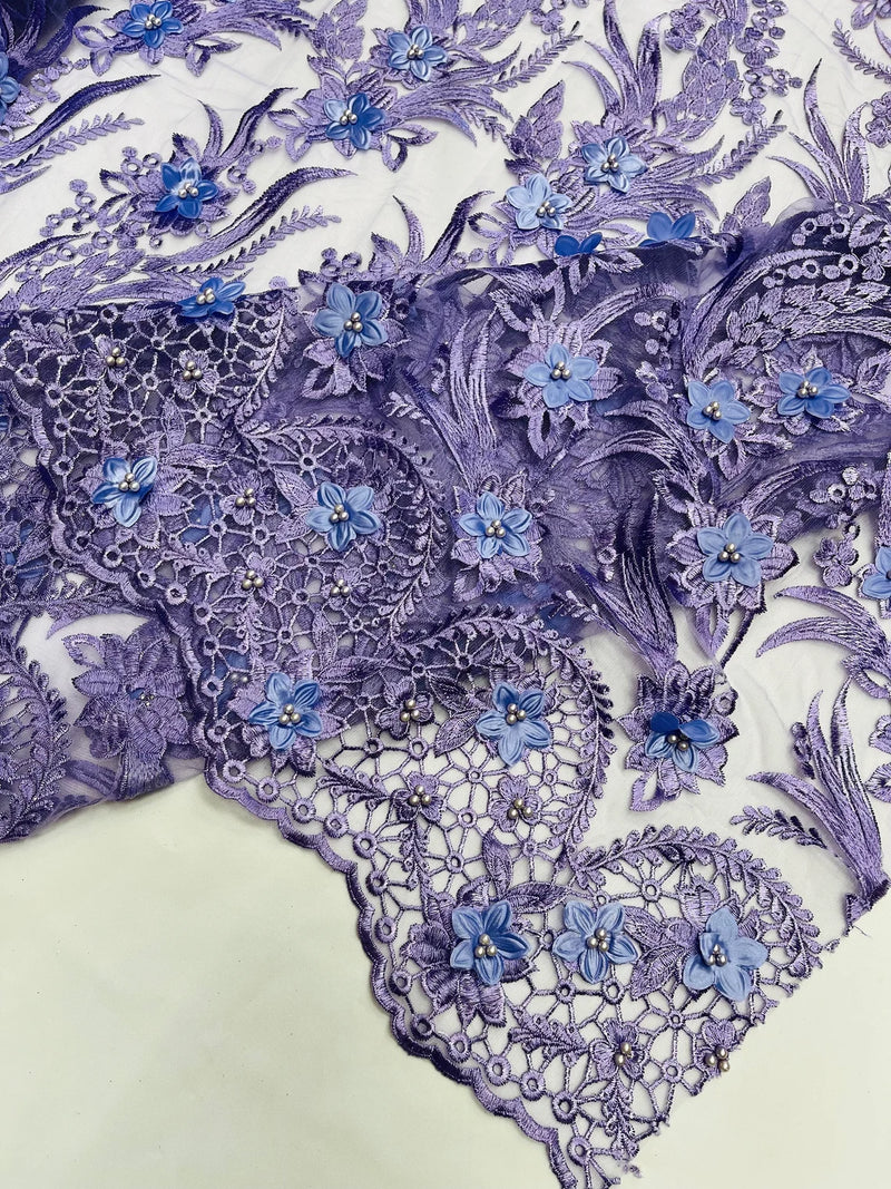 3D Floral Leaf Panels - Lavender - Embroidered 3D Flower Lines with Pearls on Lace By Yard
