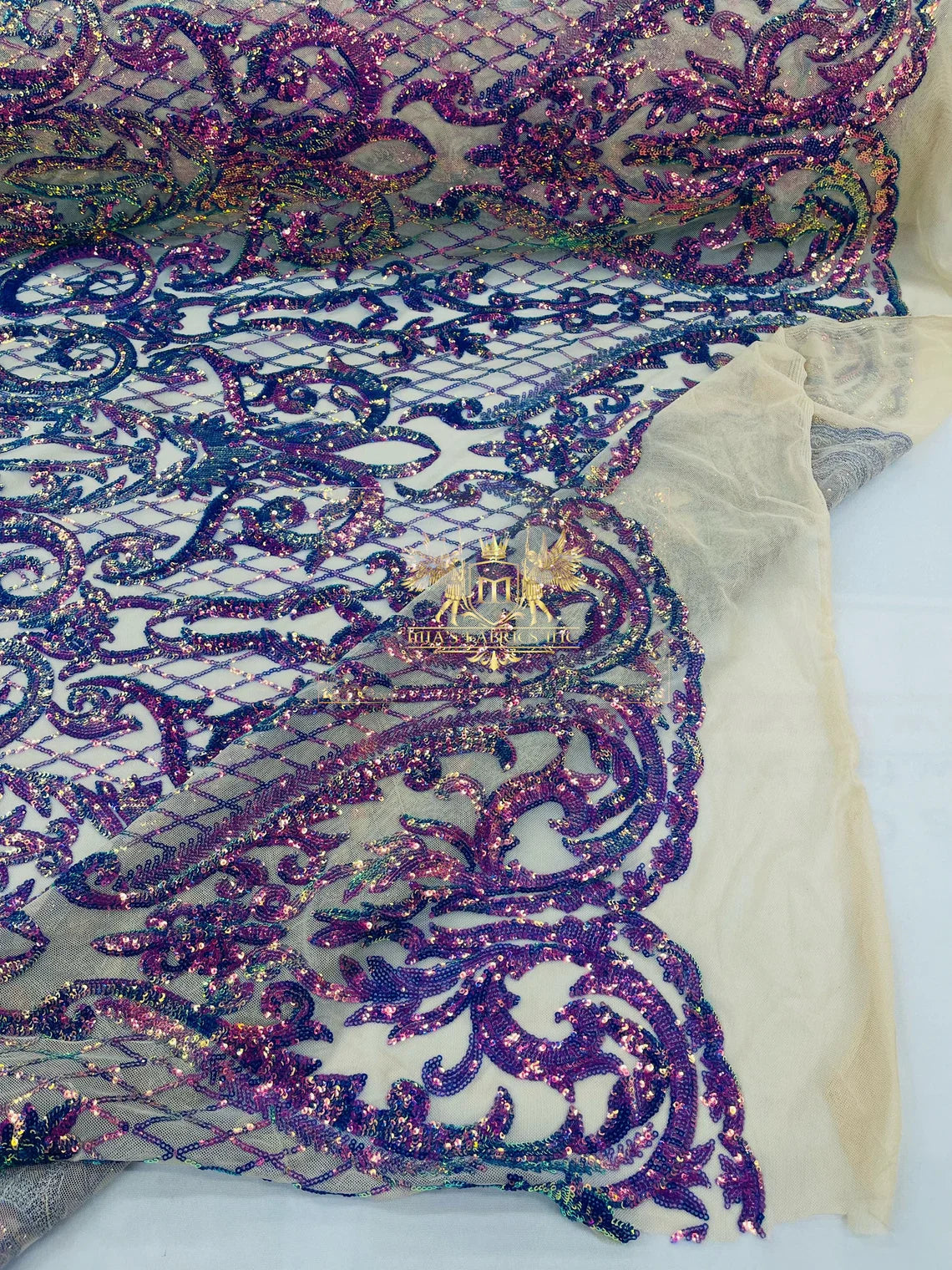 Heart Damask Sequins - Lavender - 4 Way Stretch Elegant Shiny Net Sequins Fabric By Yard