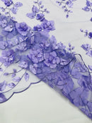 3D Floral Pearl Fabric - Lavender - Embroidered Floral Pearl Fabric Double Border On Mesh By Yard