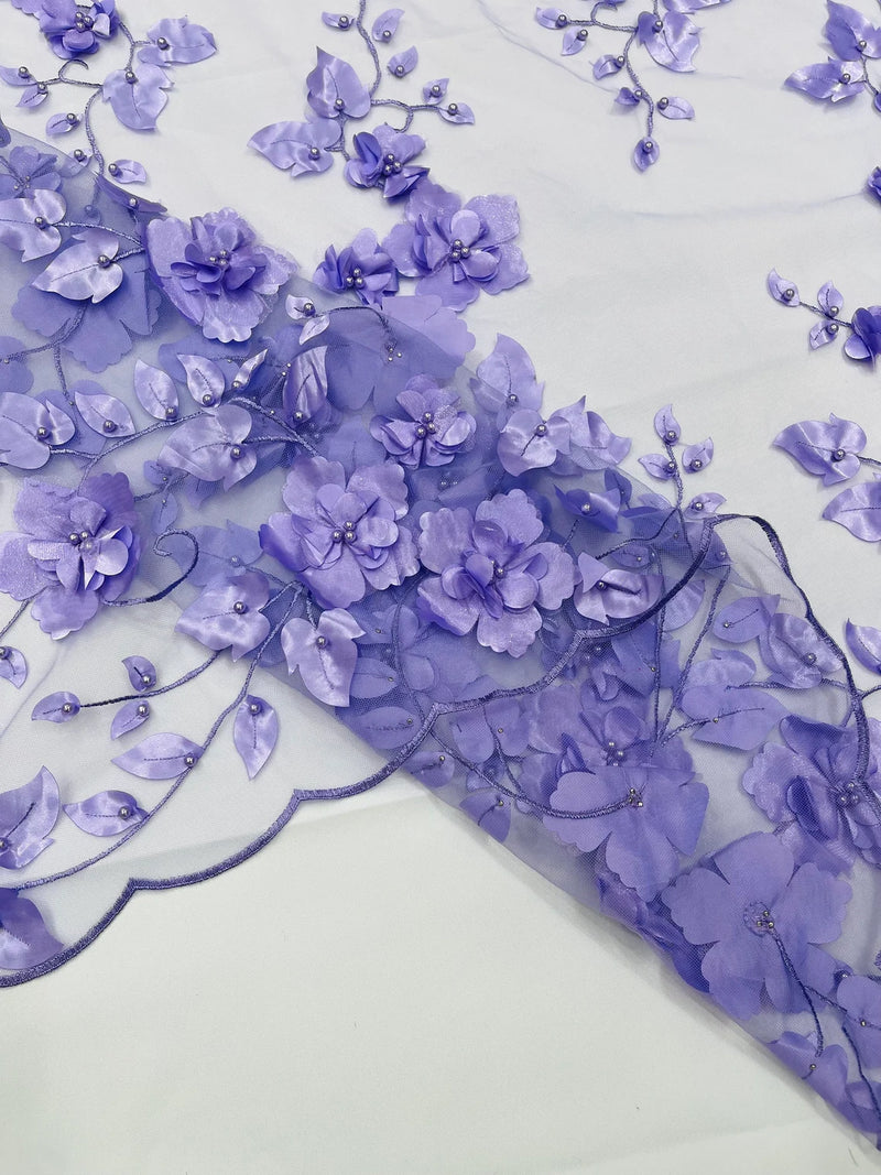 3D Floral Pearl Fabric - Lavender - Embroidered Floral Pearl Fabric Double Border On Mesh By Yard