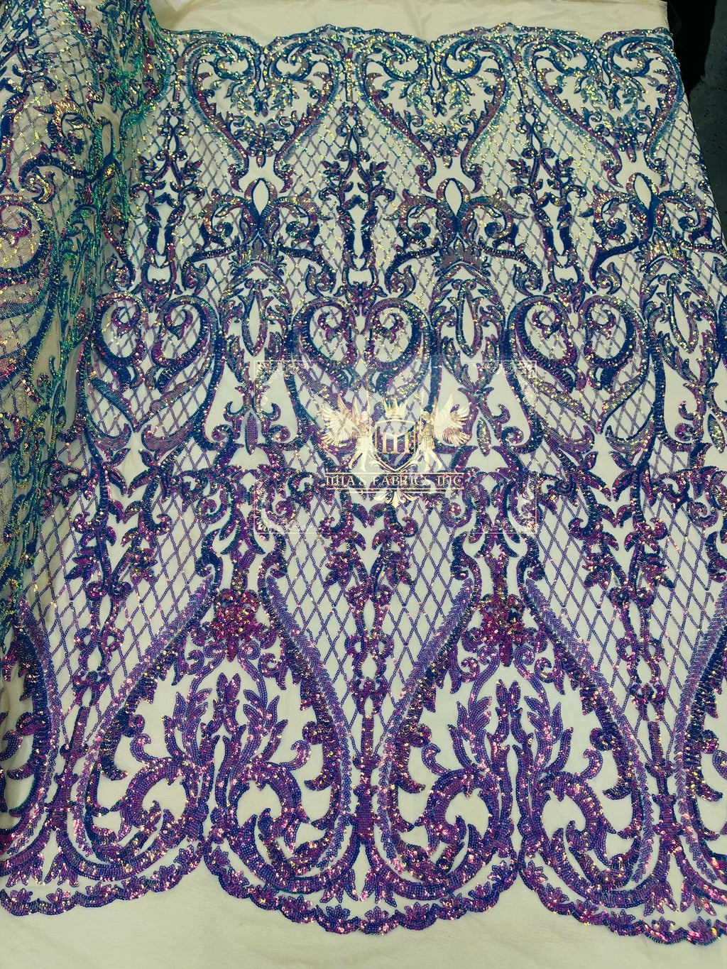 Heart Damask Sequins - Lavender - 4 Way Stretch Elegant Shiny Net Sequins Fabric By Yard