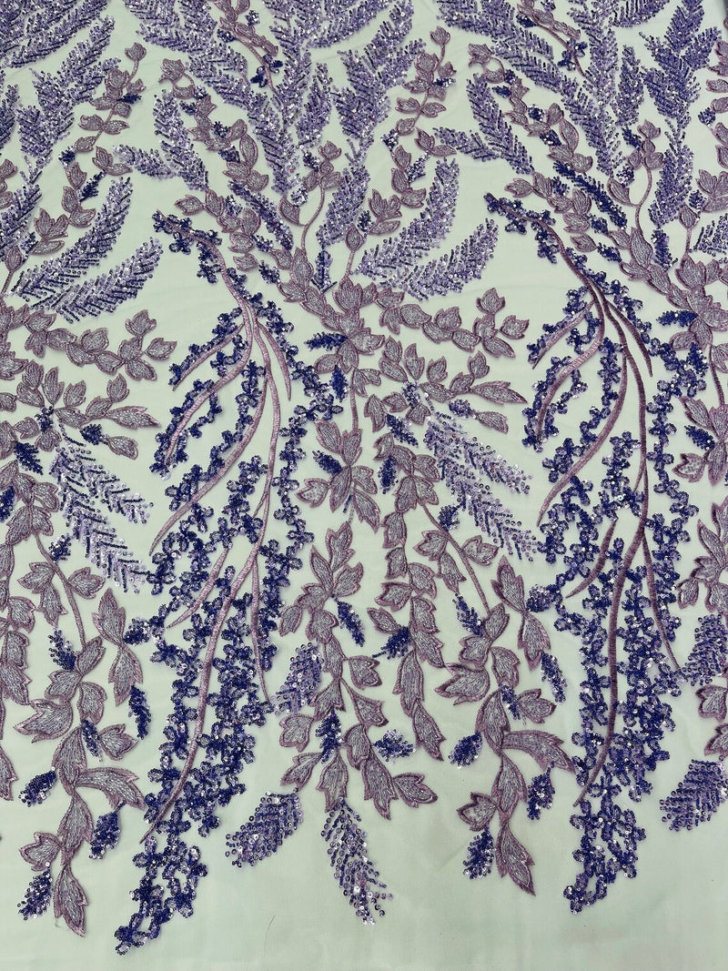 Floral Leaf Bead Sequins Fabric - Lavender - Leaf Nature Beaded Sequins Lace Fabric by the yard