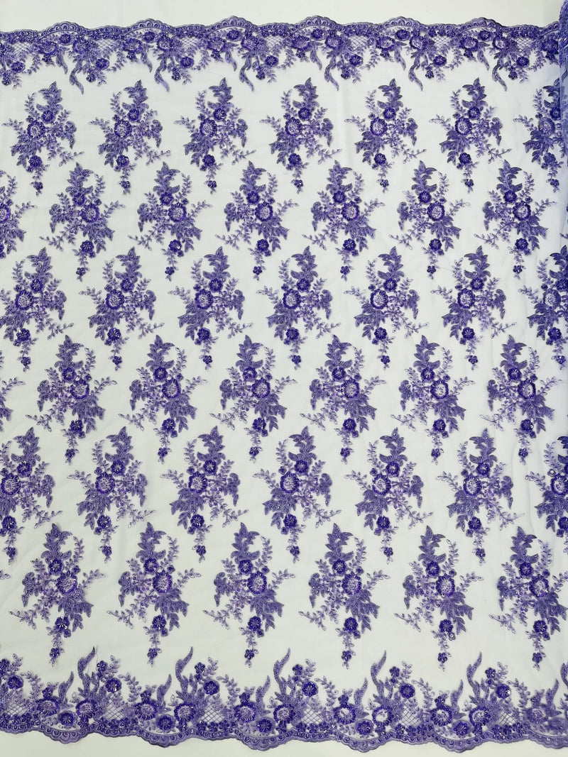 Beaded Flower Sequins Fabric - Lavender - Embroidered Beaded Floral Clusters Sequins Fabric By Yard