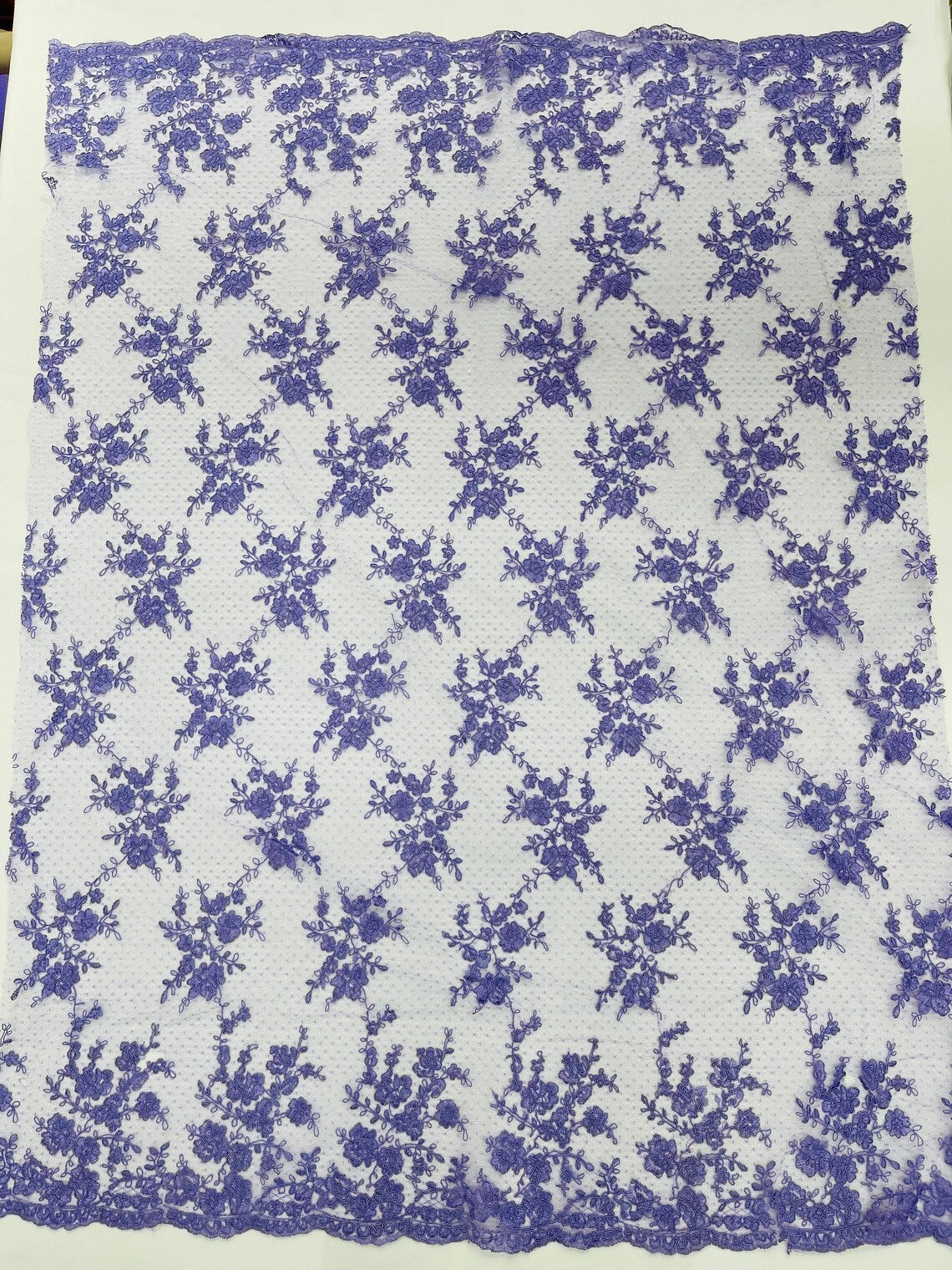 Embroidered Corded Lace Fabric - Lavender - Cluster Fancy Flower Embroidered Lace Fabric By Yard