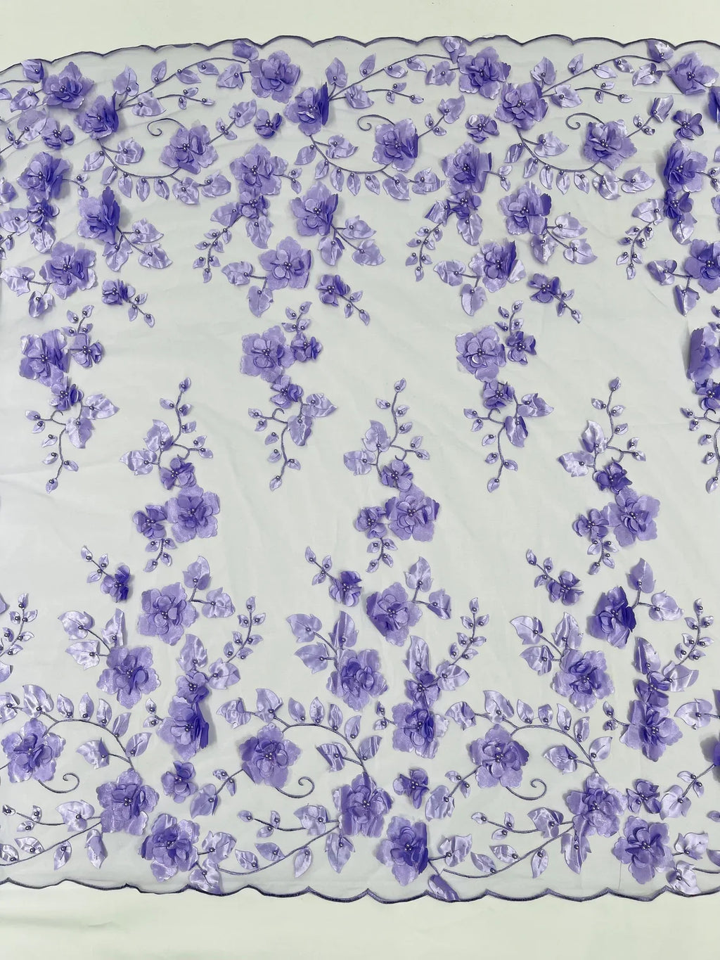 3D Floral Pearl Fabric - Lavender - Embroidered Floral Pearl Fabric Double Border On Mesh By Yard
