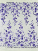 3D Floral Pearl Fabric - Lavender - Embroidered Floral Pearl Fabric Double Border On Mesh By Yard