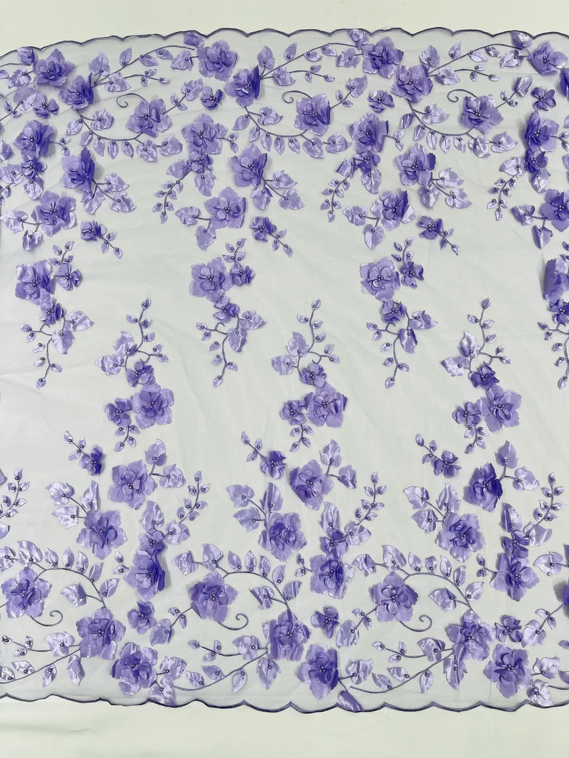 3D Floral Pearl Fabric - Lavender - Embroidered Floral Pearl Fabric Double Border On Mesh By Yard