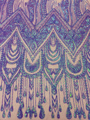 Zig Zag Design Sequins - Lavender - 4 Way Stretch Embroidered Zig Zag Sequins Lace Fabric By The Yard
