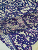 Heart Damask Sequins - Lavender - 4 Way Stretch Sequins Fabric By Yard