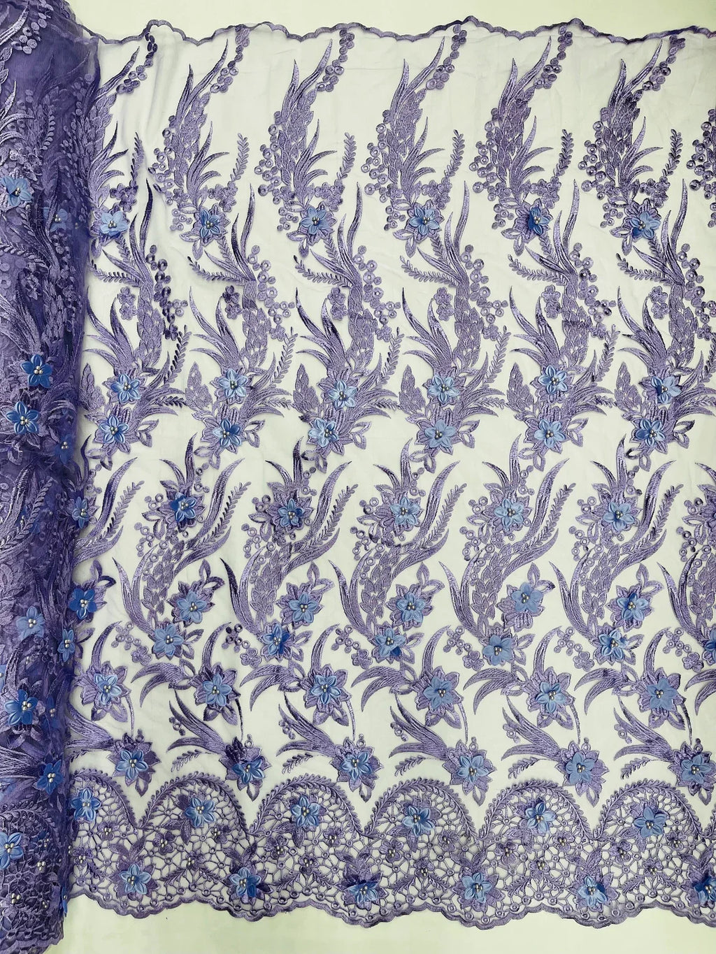 3D Floral Leaf Panels - Lavender - Embroidered 3D Flower Lines with Pearls on Lace By Yard