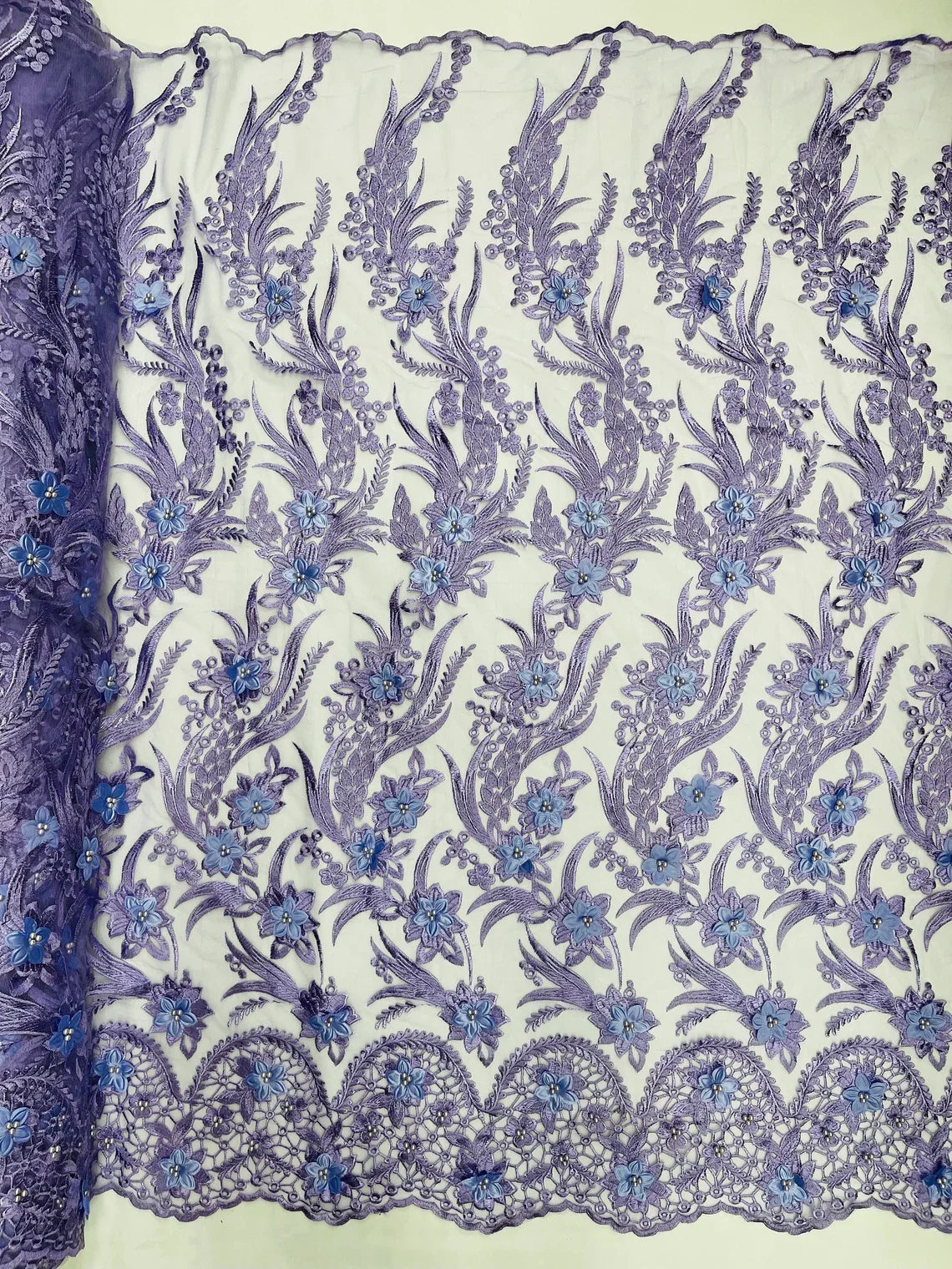 3D Floral Leaf Panels - Lavender - Embroidered 3D Flower Lines with Pearls on Lace By Yard