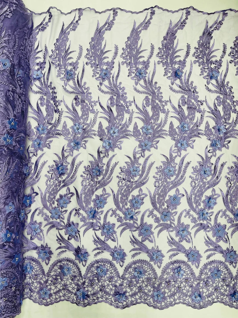 3D Floral Leaf Panels - Lavender - Embroidered 3D Flower Lines with Pearls on Lace By Yard