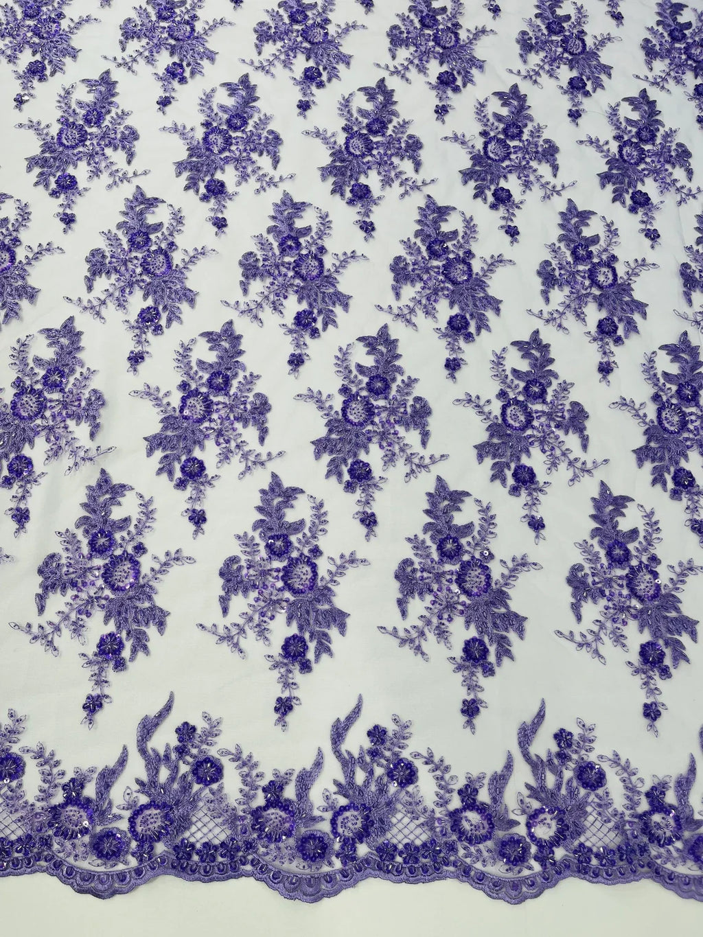 Beaded Flower Sequins Fabric - Lavender - Embroidered Beaded Floral Clusters Sequins Fabric By Yard