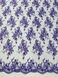 Beaded Flower Sequins Fabric - Lavender - Embroidered Beaded Floral Clusters Sequins Fabric By Yard