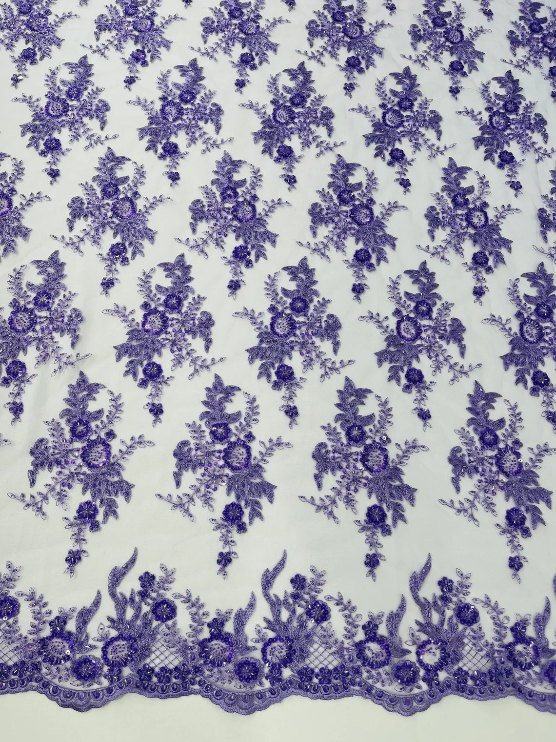 Beaded Flower Sequins Fabric - Lavender - Embroidered Beaded Floral Clusters Sequins Fabric By Yard