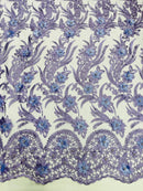 3D Floral Leaf Panels - Lavender - Embroidered 3D Flower Lines with Pearls on Lace By Yard