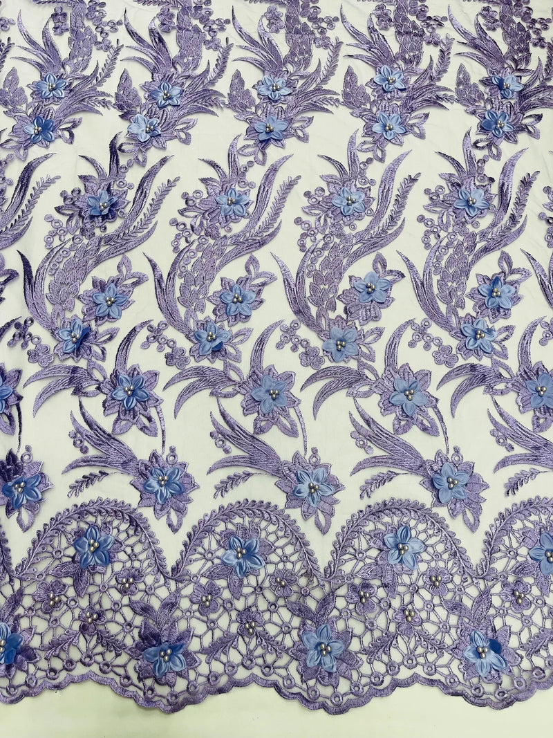 3D Floral Leaf Panels - Lavender - Embroidered 3D Flower Lines with Pearls on Lace By Yard