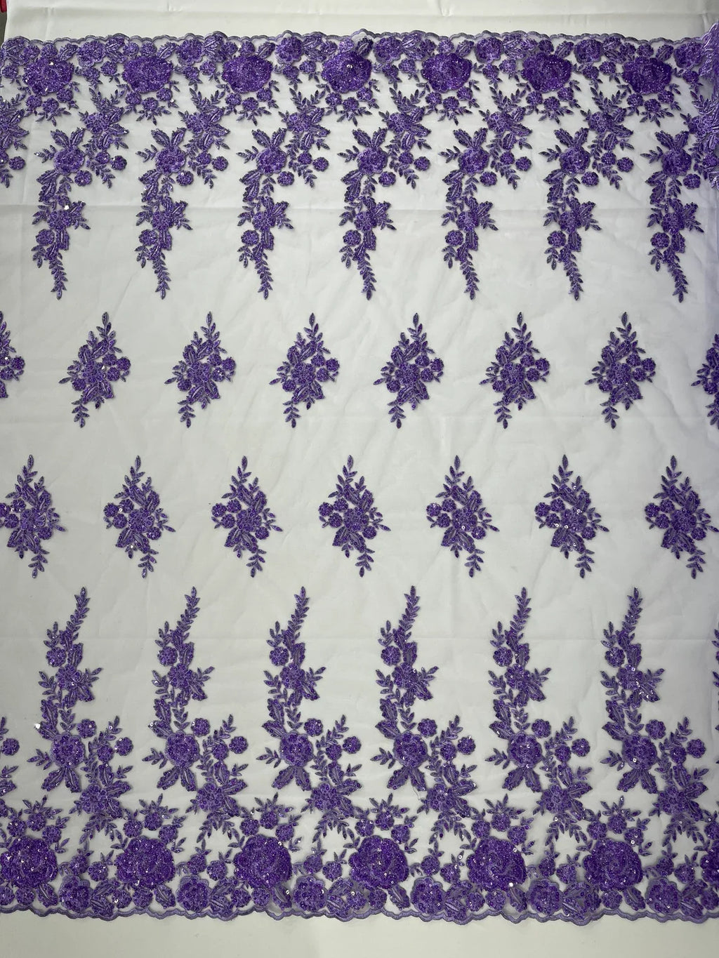 Beaded Rose Flower Fabric - Lavender - Embroidered Beaded Long Border Floral Fabric By Yard