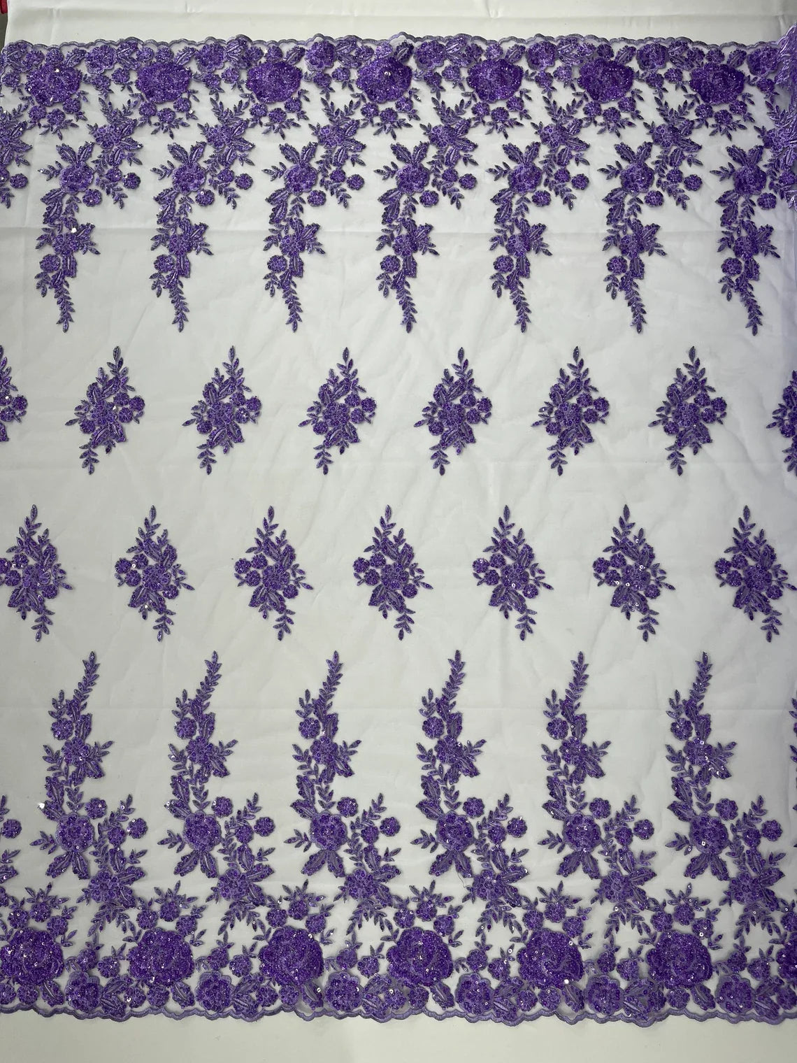 Beaded Rose Flower Fabric - Lavender - Embroidered Beaded Long Border Floral Fabric By Yard