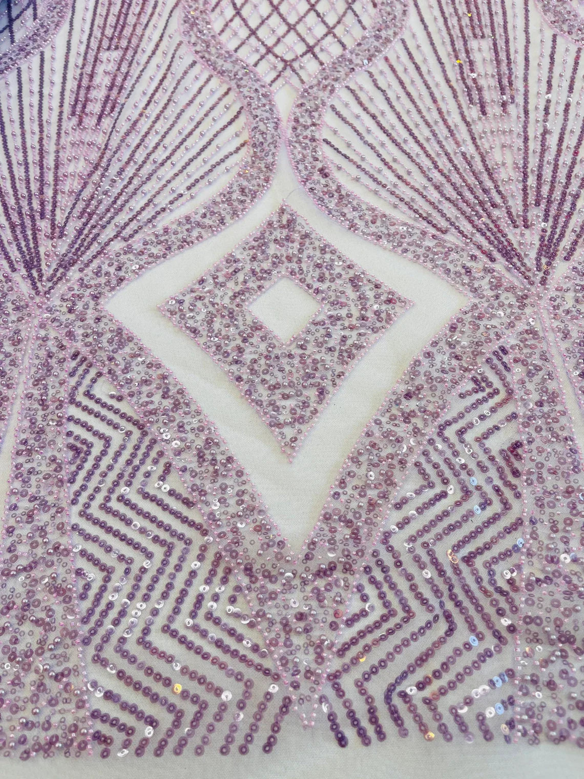 Beaded Diamond Design Fabric - Lavender - Beaded Embroidered Diamond Zig Zag Design on Mesh By Yard