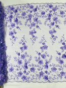3D Floral Pearl Fabric - Lavender - Embroidered Floral Pearl Fabric Double Border On Mesh By Yard