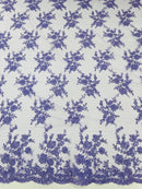 Embroidered Corded Lace Fabric - Lavender - Cluster Fancy Flower Embroidered Lace Fabric By Yard