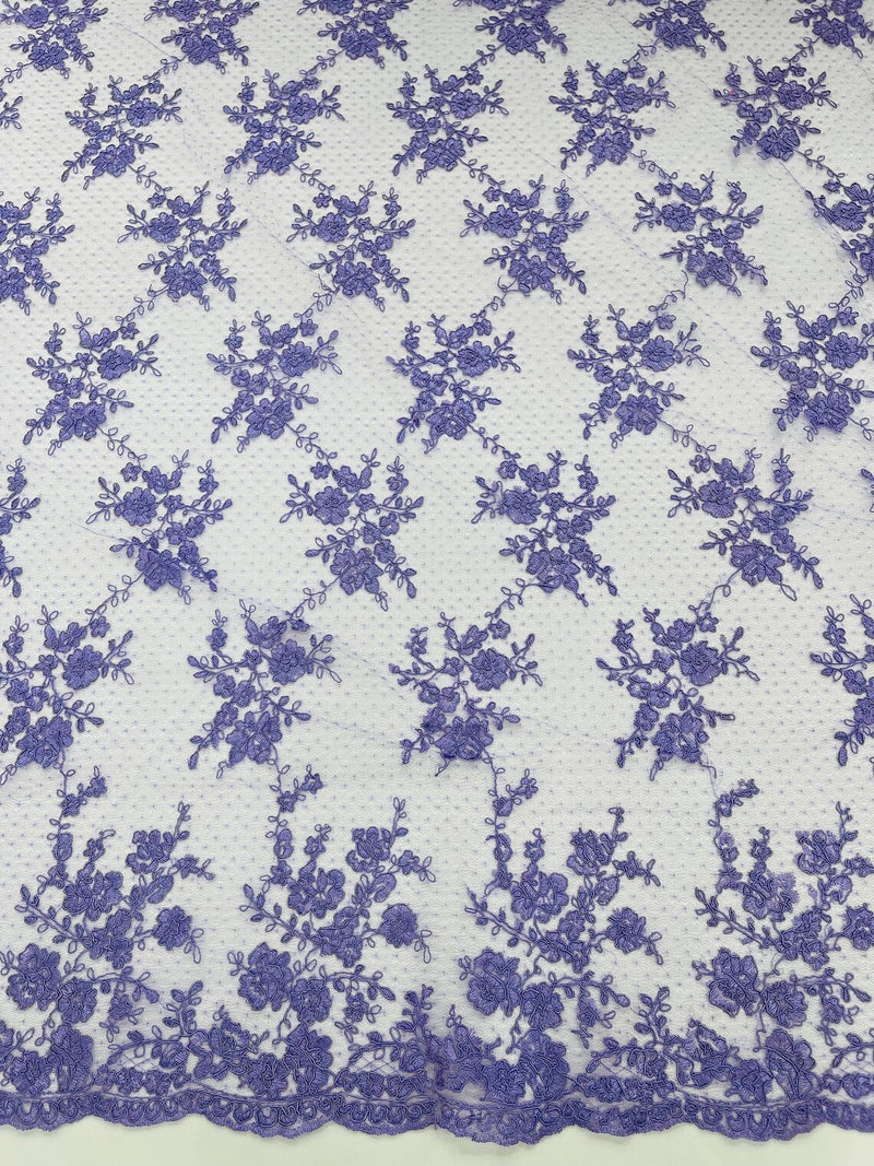 Embroidered Corded Lace Fabric - Lavender - Cluster Fancy Flower Embroidered Lace Fabric By Yard