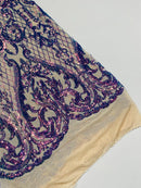 Heart Damask Sequins - Lavender - 4 Way Stretch Sequins Fabric By Yard