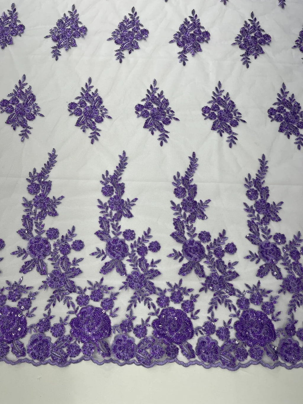 Beaded Rose Flower Fabric - Lavender - Embroidered Beaded Long Border Floral Fabric By Yard