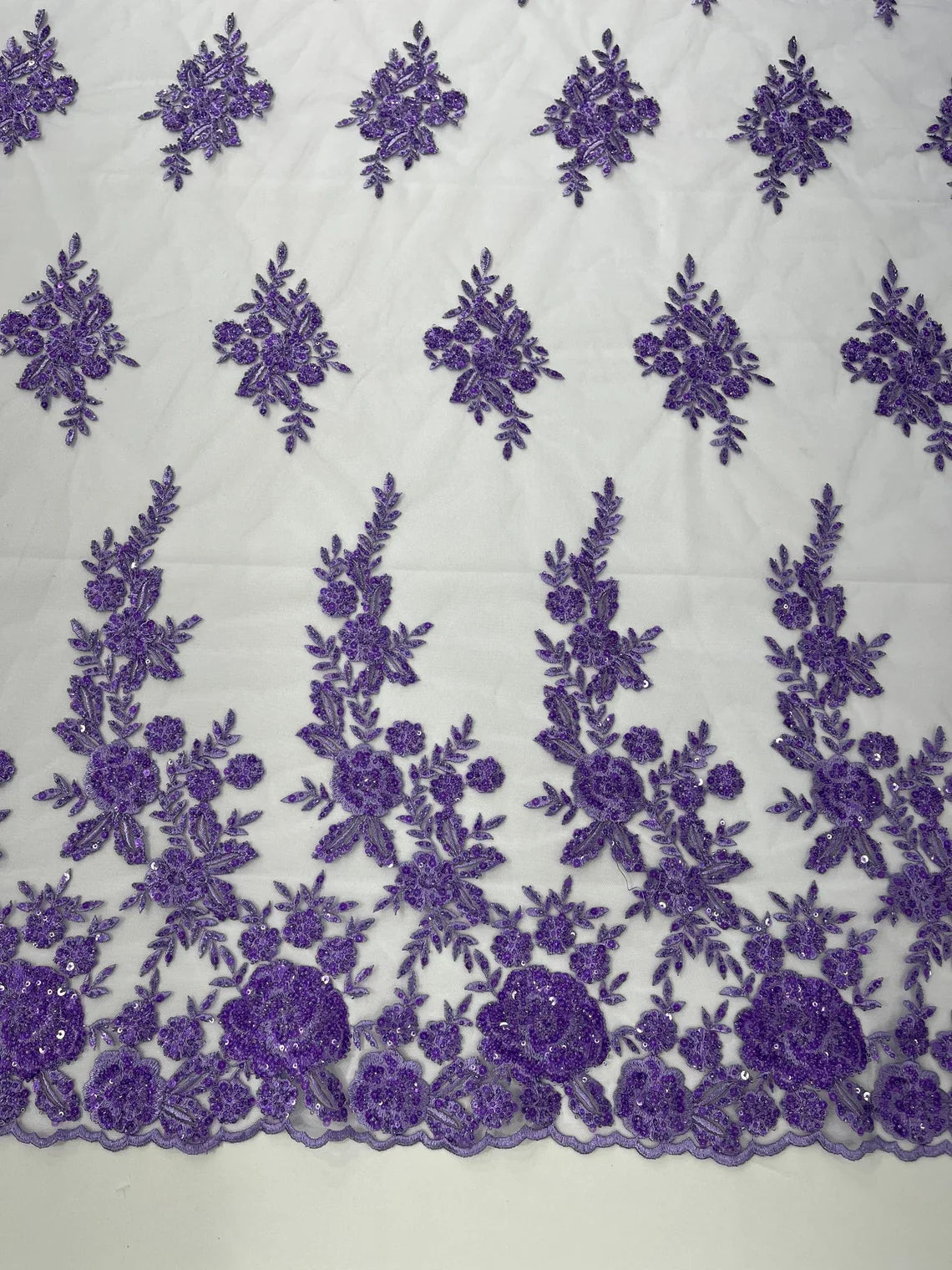 Beaded Rose Flower Fabric - Lavender - Embroidered Beaded Long Border Floral Fabric By Yard