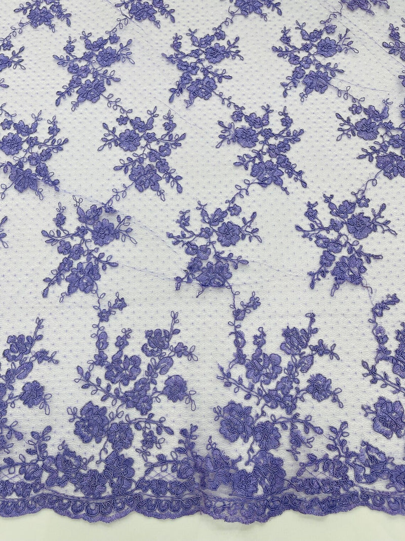 Embroidered Corded Lace Fabric - Lavender - Cluster Fancy Flower Embroidered Lace Fabric By Yard