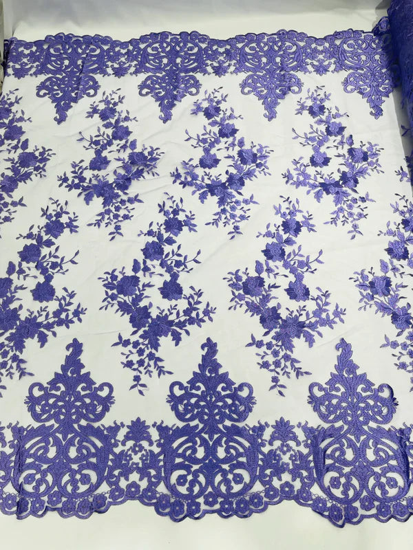 Damask Lace - Floral Damask Design Embroidered on Mesh Lace Fabric - 25 Yard Roll