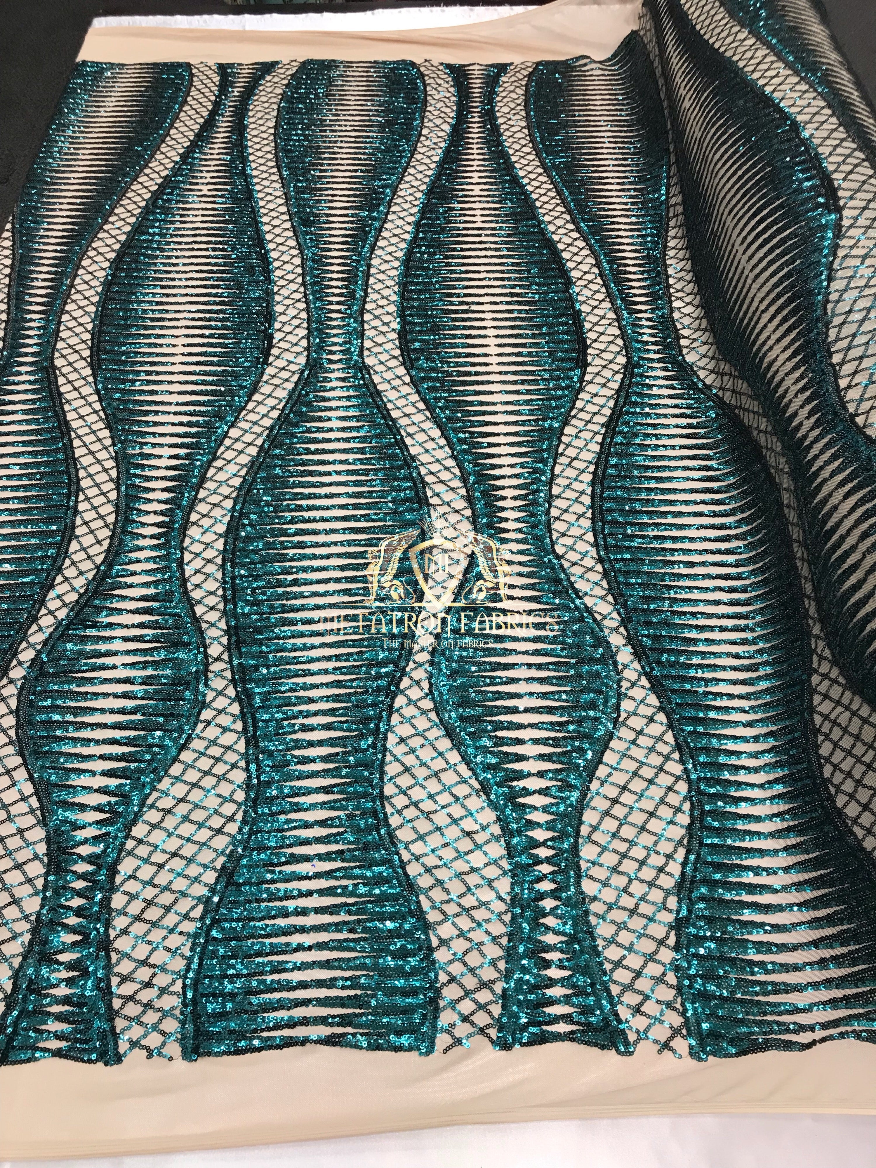 4 Way Stretch - Teal  - Horizontal Line Design Sequins On Stretch Mesh By The Yard