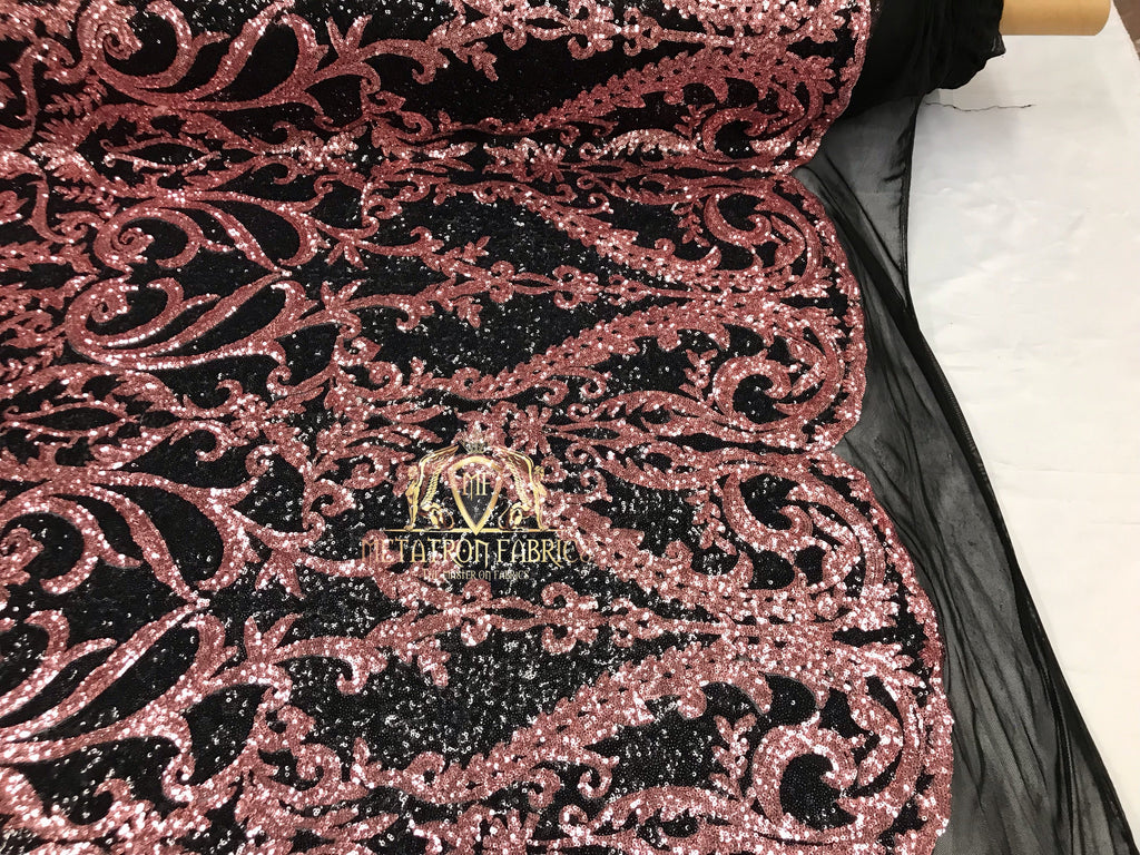 Two Tone Sequins - Pink / Black - 4 Way Stretch Fancy Design Mesh Fabric Sold By The Yard