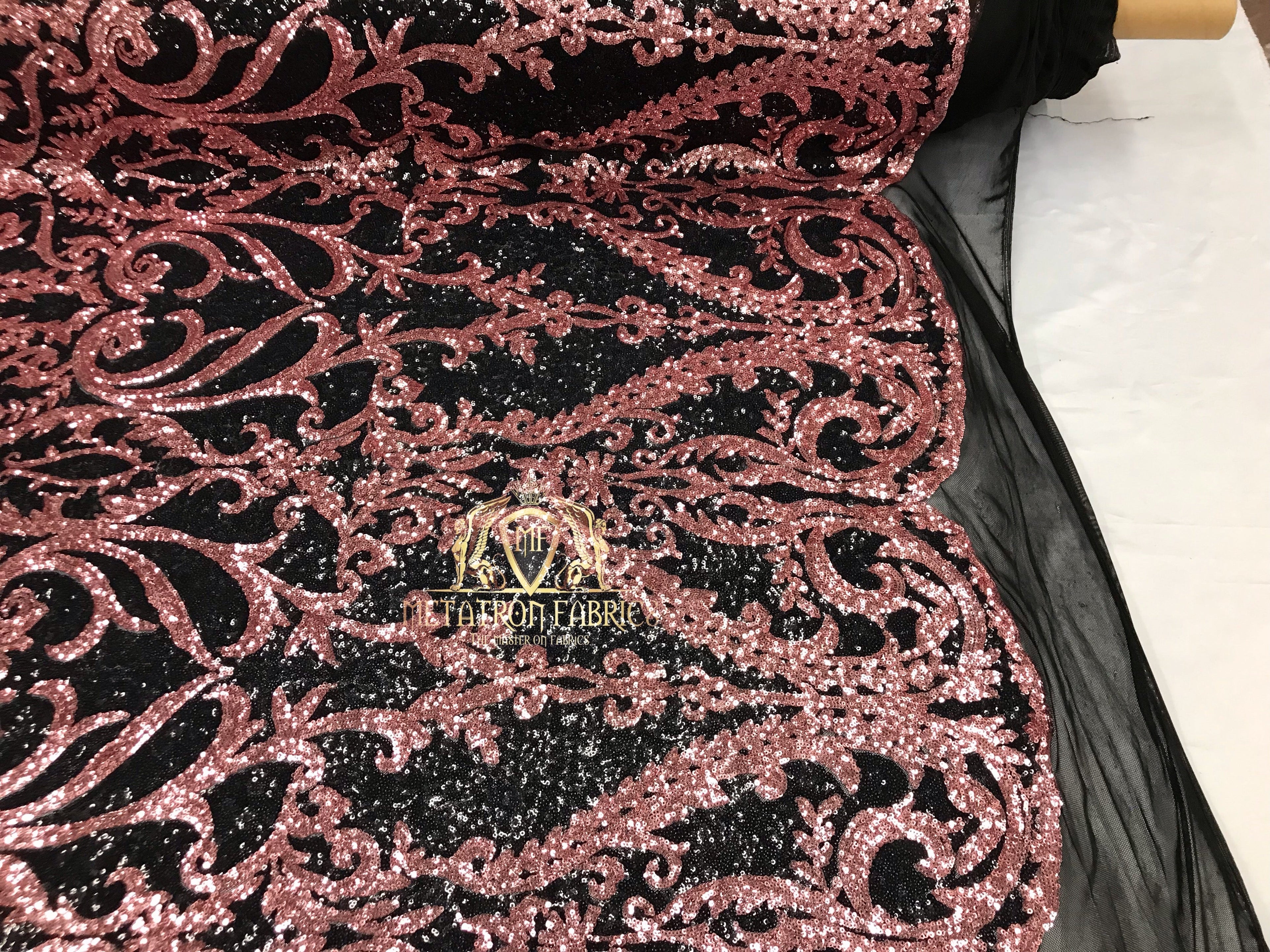 Two Tone Sequins - Pink / Black - 4 Way Stretch Fancy Design Mesh Fabric Sold By The Yard