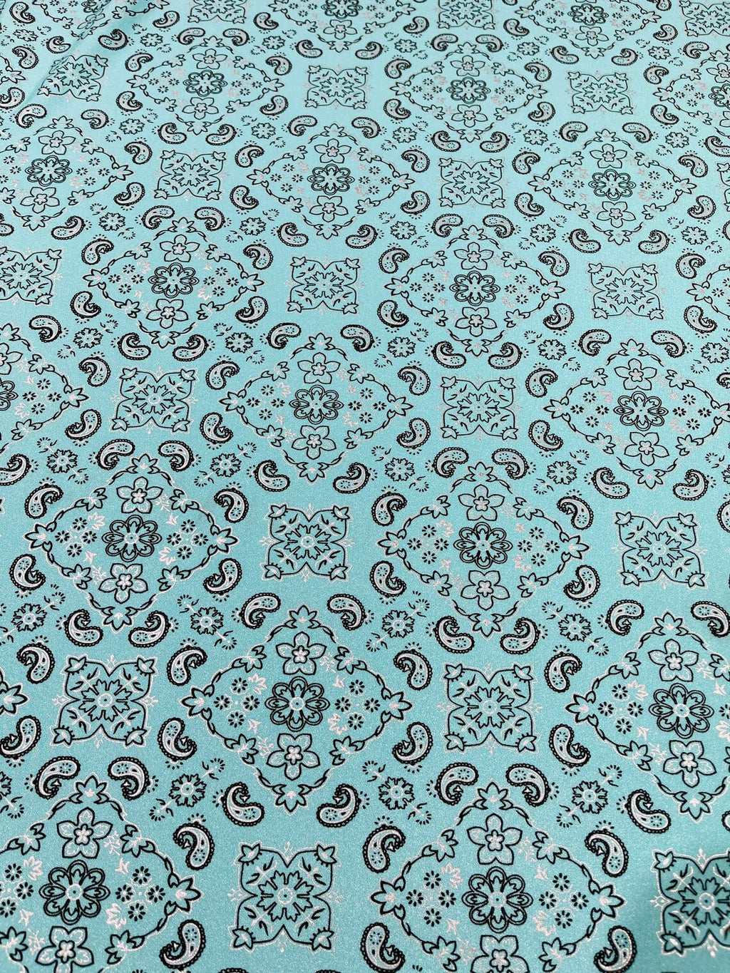 Bandana Print Fabrics - Light Aqua - Lycra Spandex Bandana Fabric Sold By The Yard