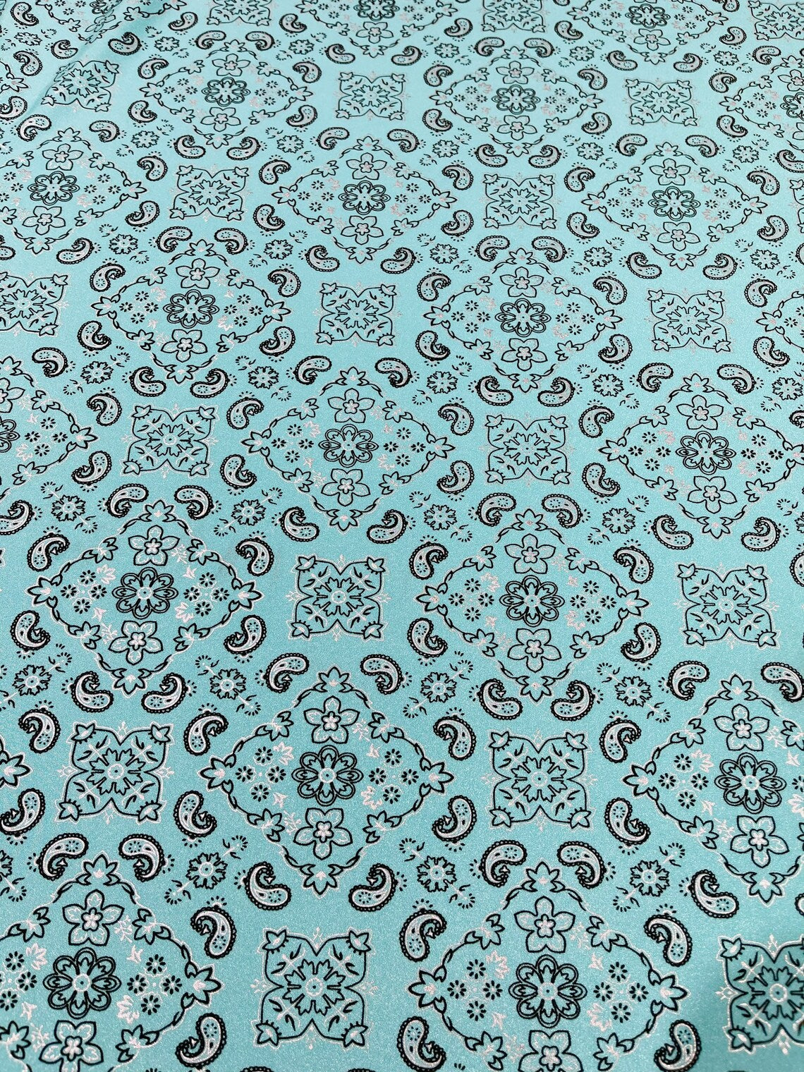 Bandana Print Fabrics - Light Aqua - Lycra Spandex Bandana Fabric Sold By The Yard
