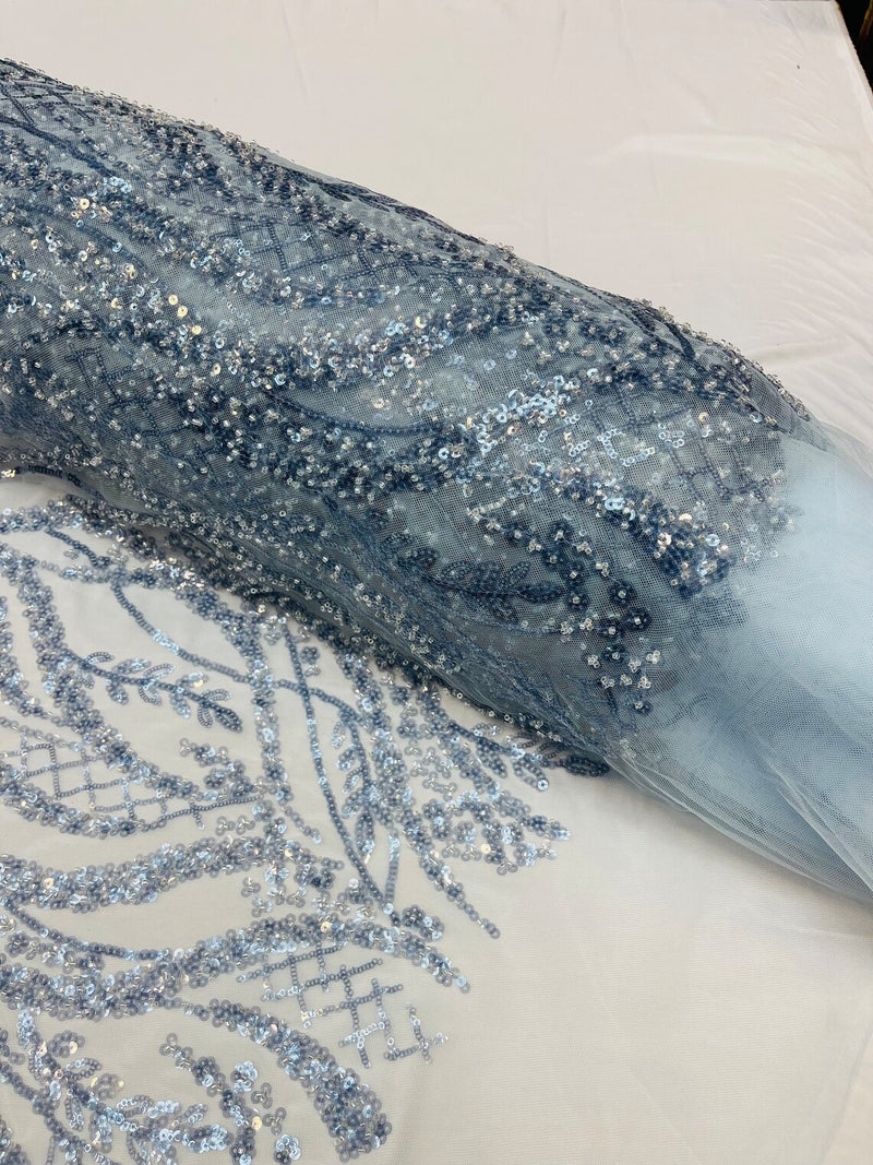 Floral Beaded Wavy Fabric - Light Blue - Beaded Sequins Wavy Embroidered Fabric Sold By Yard