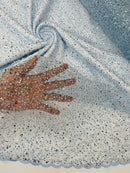 3D Beaded Mesh Fabric - Light Blue - Embroidered Beaded Lace Mesh Fabric with Small Sequins Sold By Yard