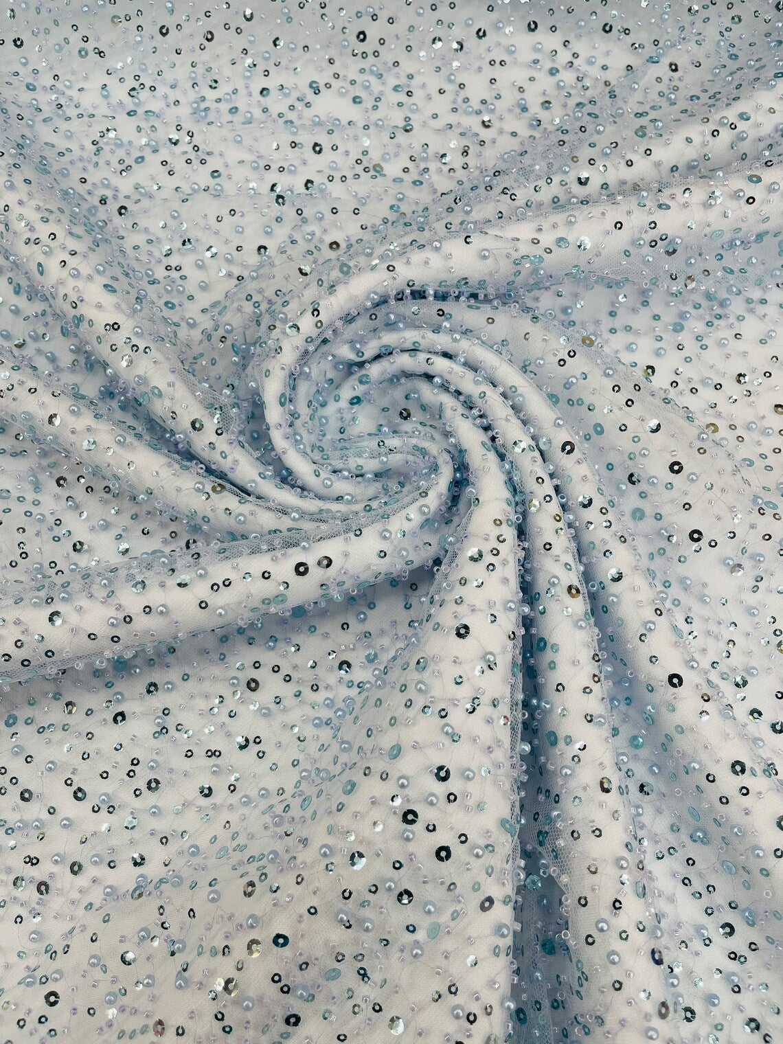3D Beaded Mesh Fabric - Light Blue - Embroidered Beaded Lace Mesh Fabric with Small Sequins Sold By Yard